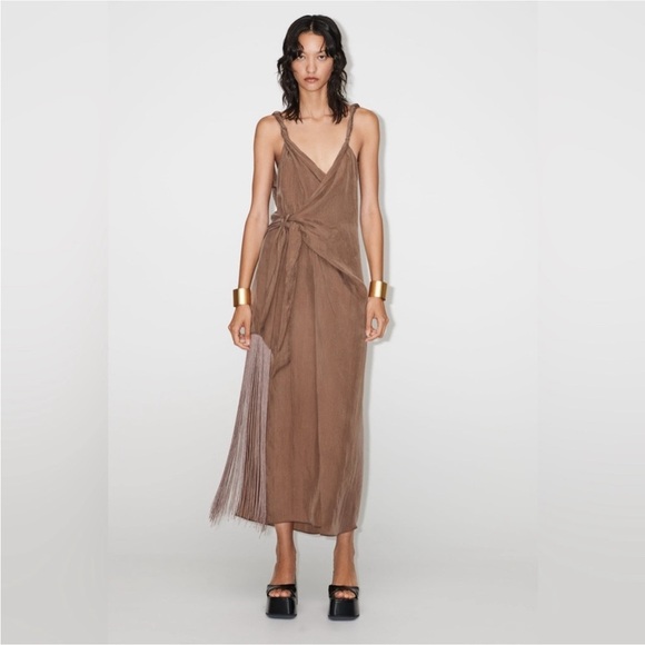 NEW Zara Small Wrap Sarong Midi Dress ~ Brown Fringe Boho Modern Beach - Picture 1 of 10